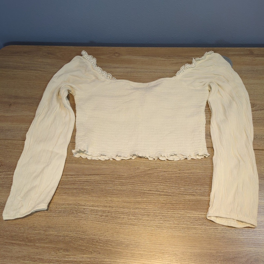 White Milkmaid Coquette Crop Top Tie Front Smocked Long Sleeve‎ Lace Trim Medium - Picture 8 of 8